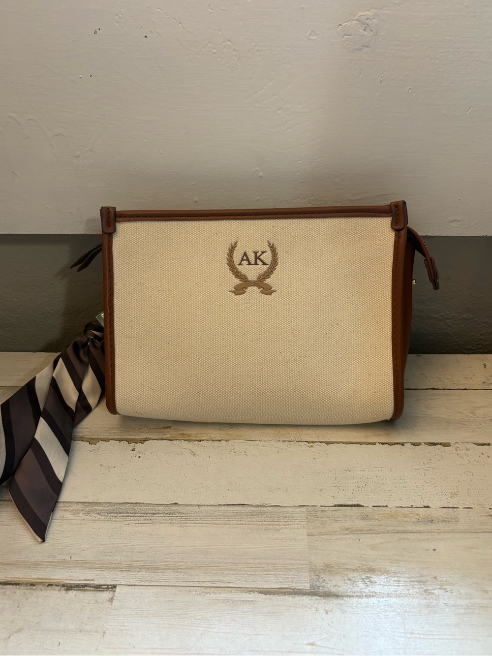 Anne Klein Cream Canvas Cosmetic Case with Brown Trim